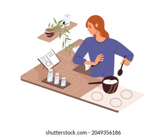 Woman cook dinner, looking in culinary book. Person cooking at home kitchen, preparing dish in pan on stove. Female with spoon and stewpan. Flat vector illustration isolated on white background