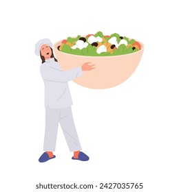 Woman cook, female master chef cartoon character presenting fresh salad from natural vegetables