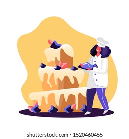 Woman Cook Festive Cake with Berry Cream and decorating. Tiny Character in Chef Uniform and Cap Beautify Huge Pie. Cook, Bakery, Giant Dessert for Birthday or Wedding Cartoon Flat Vector Illustration