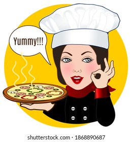 woman cook holds in hand a round pizza with about sweet bell pepper, sausage and olives and the other hand shows italian sign very tasty, belissimo, clip art on white isolated background