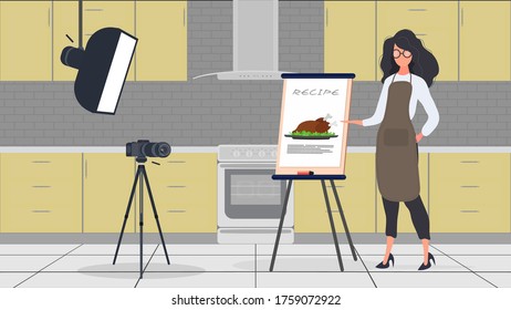 Woman cook in the kitchen keeps leading a culinary vlog. A girl in a kitchen apron holds a fried chicken. Vector.