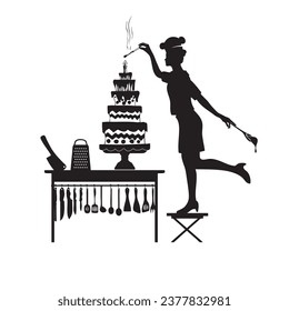 A woman cook in the kitchen prepares a cake.