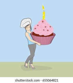 Woman cook neser a festive cupcake with a candle. Hand drawn cartoon vector illustration for design and infographics.