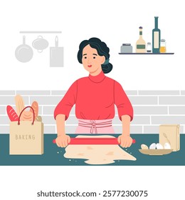 Woman cook pastry in home kitchen, rolling out dough with rolling pin. Kitchen interior, ingredients.Vector isolated illustration on white background