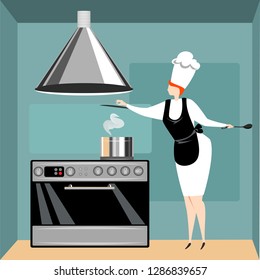 woman cook preparing food in the kitchen. vector illustration
