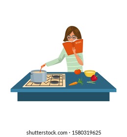 Woman cook reading recipes and cooking soup vector illustration