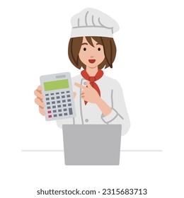 a woman cook recommending, proposing, showing estimates and pointing a calculator with a smile in front of laptop pc