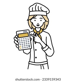 una cocinera recomienda, propone, muestra estimaciones y señala una calculadora con una sonrisa