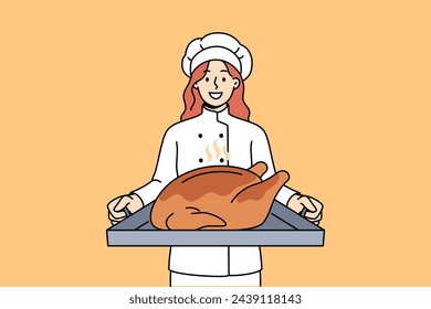 Woman cook with roast turkey on tray invites you to celebrate thanksgiving and eat meat together. Restaurant chef recommends celebrating thanksgiving by making traditional poultry dish.