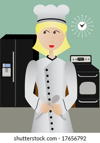 Woman cook smiling standing in kitchen while gripping utensils in hands