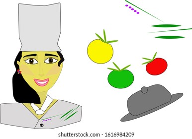 woman cook in a white hat and white tunic, Asian appearance, smiling, black hair and a white scarf on the neck, a tray with a lid, tomatoes red, green, yellow