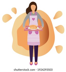 Woman cooked pancakes and serves its to the table on a tray. Maslenitsa. Vector.