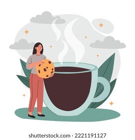 Woman with cookie. Young girl with sweetness stands against background of mug with hot drink, tea or coffee. Poster or banner for website. Delicacy and dessert. Cartoon flat vector illustration