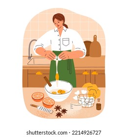 Woman cooking bakery at home kitchen. Girl making homemade cookie, preparing food, mixing eggs and flour ingredients in bowl at table. Flat graphic vector illustration isolated on white background