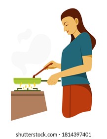 Woman is Cooking by Herself at Home.