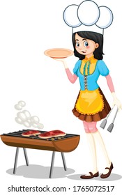 Woman is cooking cartoon vector art and illustration