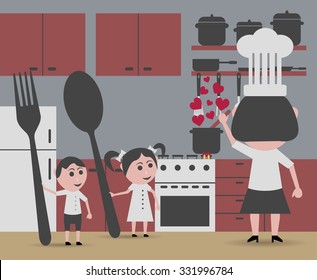 woman cooking and children begging for food