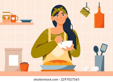 Concepto de cocina femenina. Muchacha parada en la cocina frente al pastel con mermelada y batidora. Comida y productos caseros. Panadería y pastelería. Preparación del pastel. Dibujo vectorial plano de dibujos animados