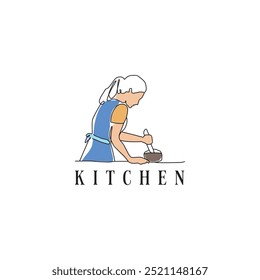 Woman cooking continuous line vector logo design