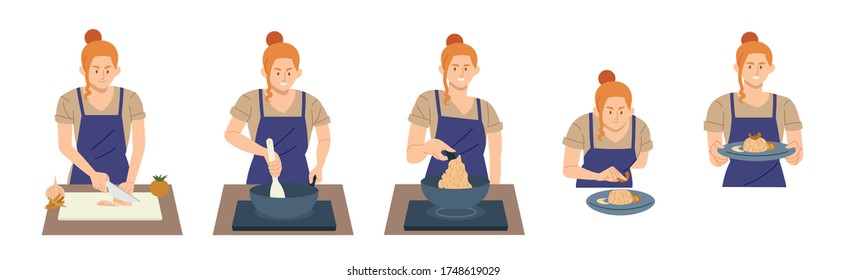 Cocina de la mujer en diferentes posiciones de ilustración vectorial de estilo plano