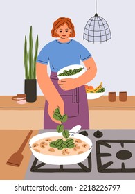 Woman cooking dinner at home kitchen. Young girl stewing mushrooms in cream on cooker. Female cooks, prepares homemade vegetarian dish, champignon and spinach in pan. Flat vector illustration