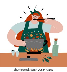Woman cooking dinner in the kitchen. The soup pot is on fire and vegetables boiling in it. Girl chef tasting her meal. Cooking concept for banner, culinary classes, cooking at home.