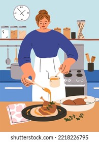 Woman cooking dish for home dinner at kitchen. Girl serving turkey leg, meat with sauce. Female character cooks, prepares homemade food, holiday meal, chicken for evening. Flat vector illustration