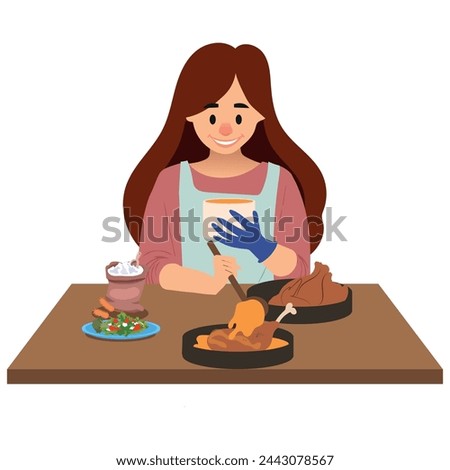 Woman cooking dish for home dinner at kitchen. Girl serving turkey leg, meat with sauce. Female character cooks, prepares homemade food, holiday meal, chicken for evening. Flat vector illustration. Foto stock © 