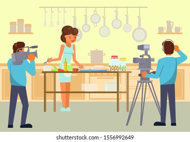 Woman cooking and film crew male characters recording video, vector flat style design illustration. Culinary tv show, cooking master class concept for web banner, website page etc.