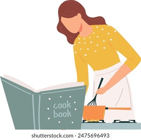 Woman cooking following recipe cook book. Female chef preparing meal reading cookbook kitchen. Adult woman whisking ingredients pot stove home cooking