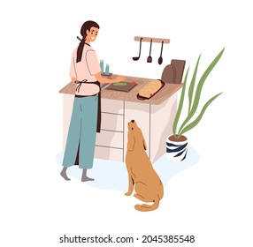 Mujer cocinando comida para la cena en casa en la cocina. Persona feliz preparando plato de carne. Comida de cocinera femenina, búsqueda de perro y solicitud de pereza. Madera de casa haciendo pan de carne. Ilustración vectorial plana aislada en blanco