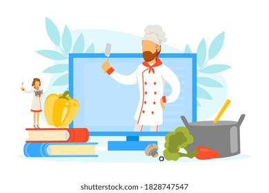 Woman Cooking Healthy Dish with Male Chef, Online Cooking Course Vector Illustration