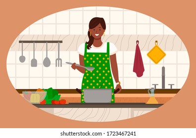 Woman cooking healthy food in kitchen. Smiling person in apron boiling soup or making vegetarian salad with tomato and bell pepper. Happy female standing near stove, cutlery and towel on wall vector