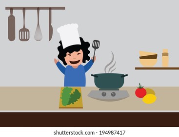 woman cooking healthy food in the kitchen. concept vector illustration