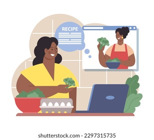 Woman cooking healthy food with online tutorial. Female charactrer following video recipe with fresh vegetables and fruits. Homemade organic nutritions full of vitamins. Flat vector illustration