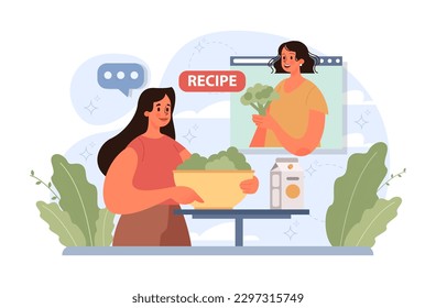 Woman cooking healthy food with online tutorial. Female charactrer following video recipe with fresh vegetables and fruits. Homemade organic nutritions full of vitamins. Flat vector illustration