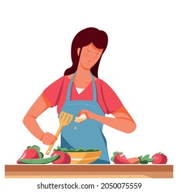 Woman cooking healthy vegetable salad flat vector illustration