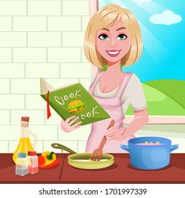 Woman cooking at home. Cheerful girl preparing food. Beautiful lady cartoon character. Vector illustration