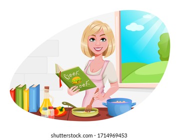 Woman cooking at home. Cheerful girl preparing food. Beautiful lady cartoon character. Vector illustration on white background