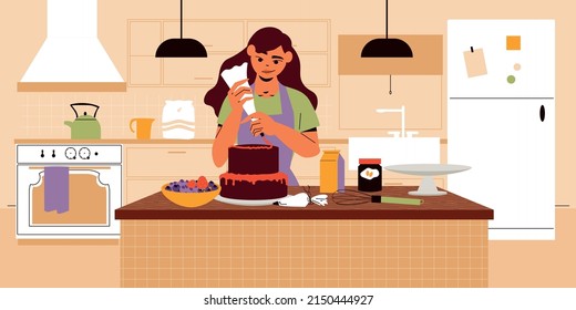 Woman cooking at home decorating cake with berry cream flat vector illustration