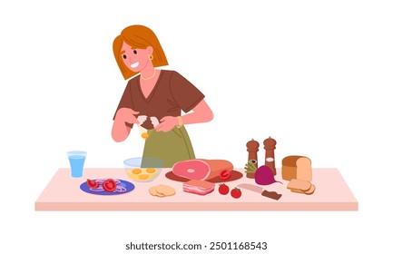 Woman cooking at home. Female character cooking tasty dishes, preparing food at home flat vector illustration. Homemade meal preparation scene