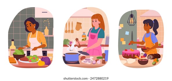 Woman cooking at home. Female characters cooking tasty dishes, preparing food at home flat vector illustration set. Homemade meal preparation