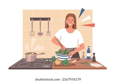 Woman cooking at home. Hostess takes care of household chores and routine. Girl preparing salad for dinner. Vegetables and healthy food, proper vegetarian diet. Cartoon flat vector illustration
