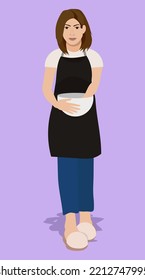 Woman cooking at home. A woman kneads the dough in a bowl. Beautiful lady cartoon character. Vector illustration on white purple background.