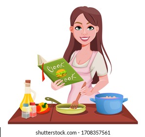 Woman cooking at home. Smiling girl preparing food. Beautiful lady cartoon character. Vector illustration on white background