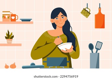 Woman cooking at home. Young girl with spoon and plate prepares dish. Novice cook, household chores. Homemade and tasty product. Housewife with utensil. Cartoon flat vector illustration