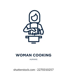 woman cooking icon from humans collection. Thin linear woman cooking, cooking, woman outline icon isolated on white background. Line vector woman cooking sign, symbol for web and mobile