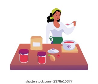 La mujer cocina mermelada, lo sabe. Persona haciendo fruta casera o postre de mermelada de berry. Ilustración vectorial aislada de la preparación de alimentos con azúcar y bayas