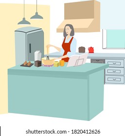 Woman cooking in Kitchen with cooking book.woman preparing homemade meals or bake for dinner.vector illustration.