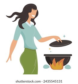 A woman cooking in the kitchen. Cook, A young girl takes off the lid of the pot to cook delicious food. Characters with a flat cartoon Image. An isolated illustration of culinary art in vector form.